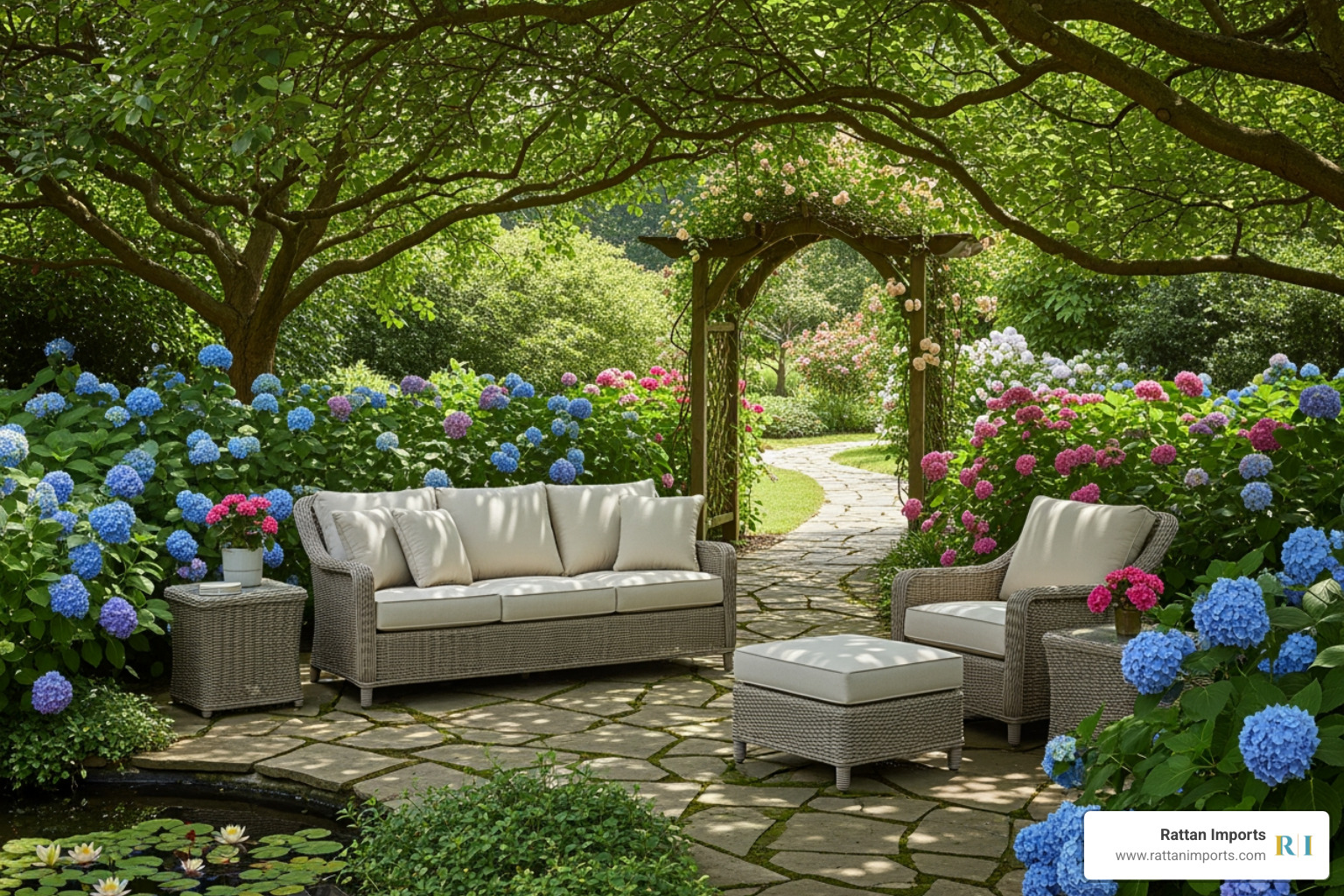 Lloyd Flanders Weekend Retreat sofa and lounge chairs in a serene garden setting - lloyd flanders patio set
