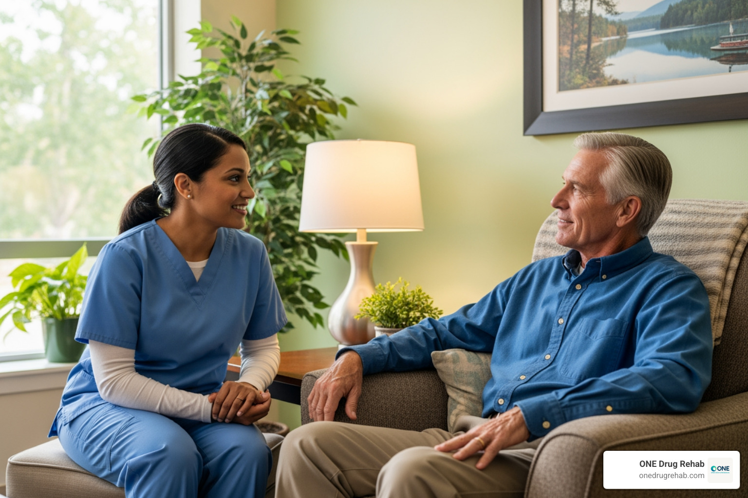 A compassionate nurse talking with a patient in a comfortable room, offering reassurance and explaining the next steps in their care journey. - detox stabilization centers