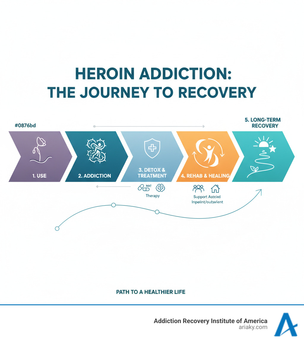 Infographic explaining the stages of heroin addiction from use to recovery - heroin detox and rehab infographic Infographic explaining the stages of heroin addiction from use to recovery - heroin detox and rehab infographic