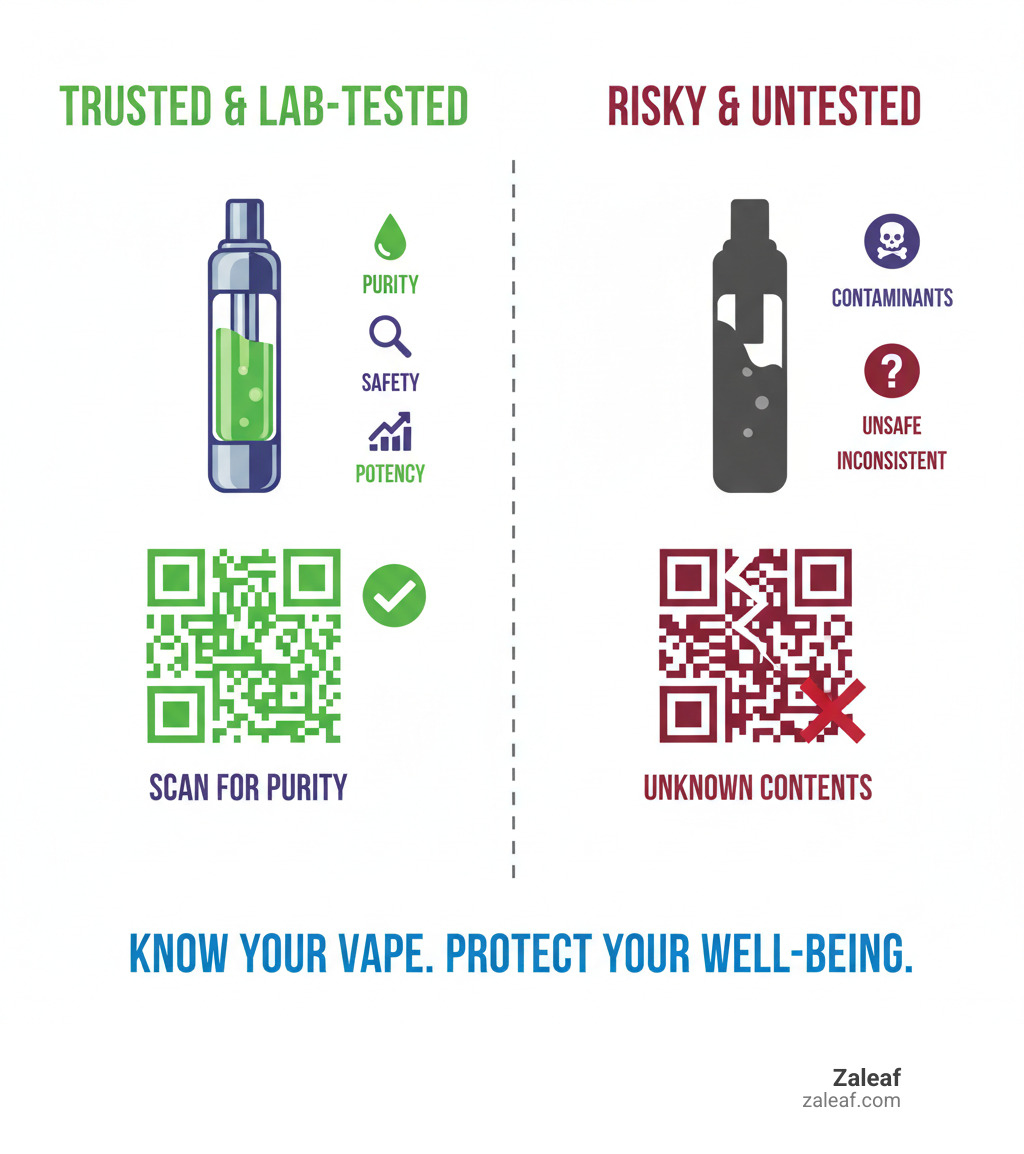 Infographic explaining the difference between a Zaleaf lab-tested vape with a QR code and an untested, black-market vape - Lab tested vapes infographic 