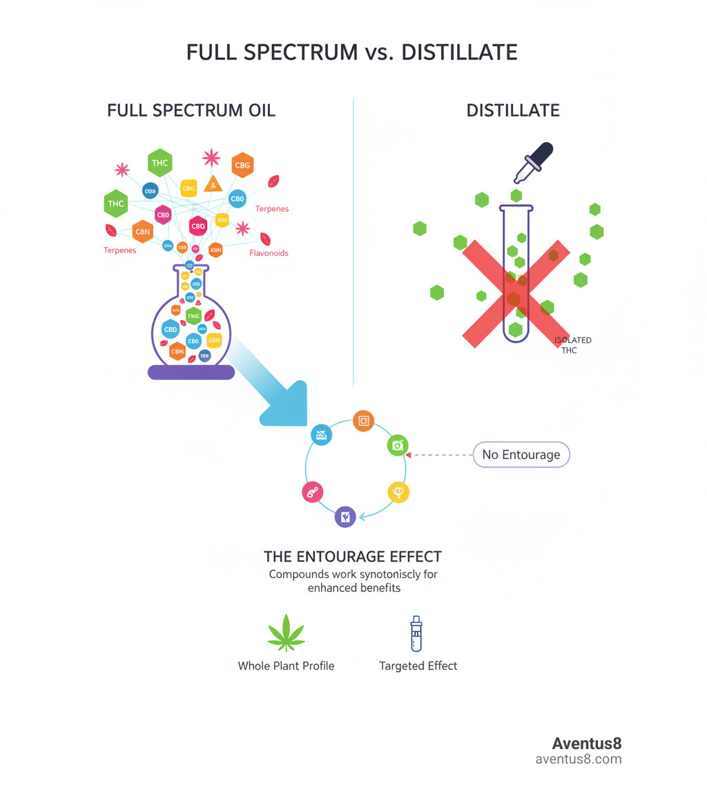 infographic showing the composition of full spectrum THC vape oil versus distillate, highlighting the presence of multiple cannabinoids (THC, CBD, CBG, CBN), terpenes, and flavonoids in full spectrum, compared to isolated THC in distillate, with visual representation of the entourage effect and how compounds work synergistically - Full spectrum THC vape infographic infographic showing the composition of full spectrum THC vape oil versus distillate, highlighting the presence of multiple cannabinoids (THC, CBD, CBG, CBN), terpenes, and flavonoids in full spectrum, compared to isolated THC in distillate, with visual representation of the entourage effect and how compounds work synergistically - Full spectrum THC vape infographic