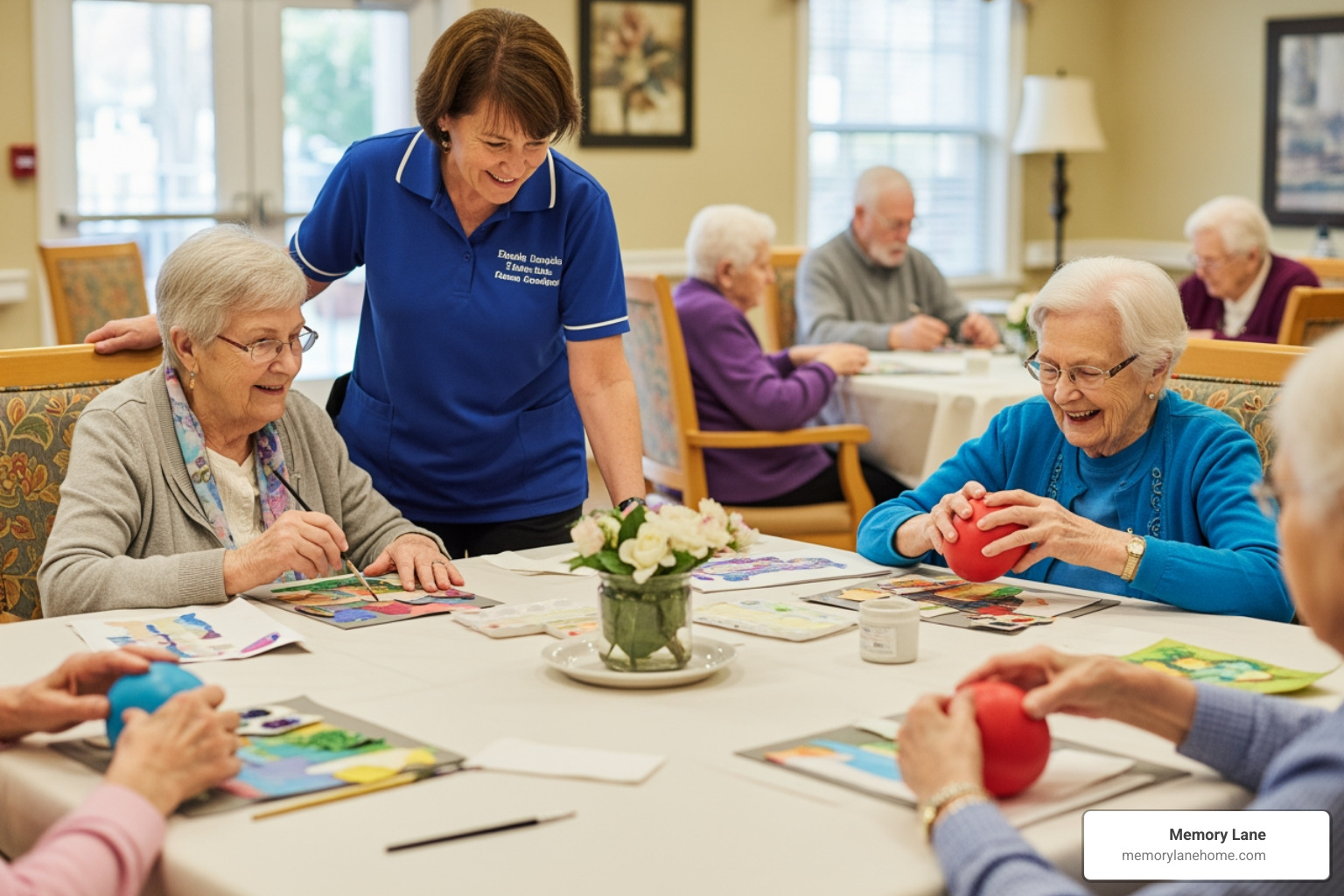 Residents engaged in a supervised, therapeutic group activity - nursing home care for dementia patients
