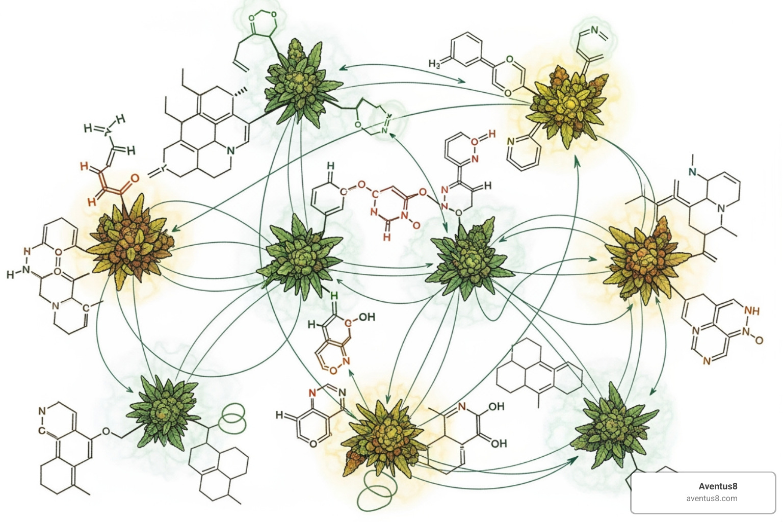 Molecular diagram showing cannabinoids and terpenes interacting synergistically - Full spectrum THC vape Molecular diagram showing cannabinoids and terpenes interacting synergistically - Full spectrum THC vape