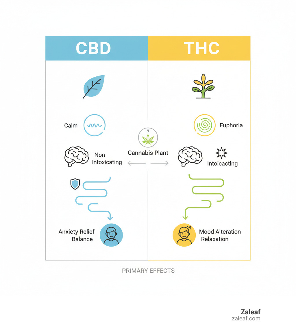 Infographic explaining the difference between CBD and THC and their primary effects - cannabis oils for mood infographic 