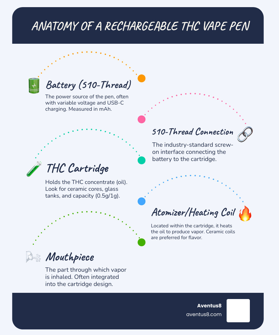 infographic showing the basic components of a rechargeable THC vape pen including a 510-thread battery at the base, a glass cartridge with ceramic atomizer in the middle, a heating chamber with coil, and a mouthpiece at the top, with labels indicating battery capacity in mAh, voltage range, charging port type, and cartridge capacity in grams - Rechargeable THC vape pen infographic infographic-line-5-steps-blues-accent_colors
