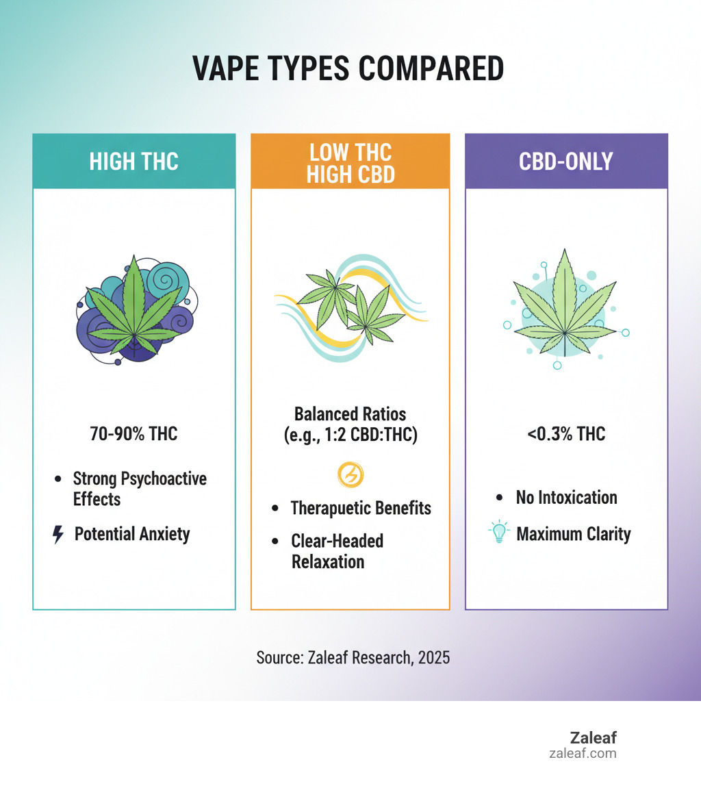 Infographic comparing three types of vapes: High THC Vapes showing 70-90% THC with strong psychoactive effects and potential anxiety; Low THC High CBD Vapes showing balanced ratios like 1:2 CBD:THC with therapeutic benefits and clear-headed relaxation; and CBD-only Vapes showing less than 0.3% THC with no intoxication and maximum clarity - Low THC vapes infographic 