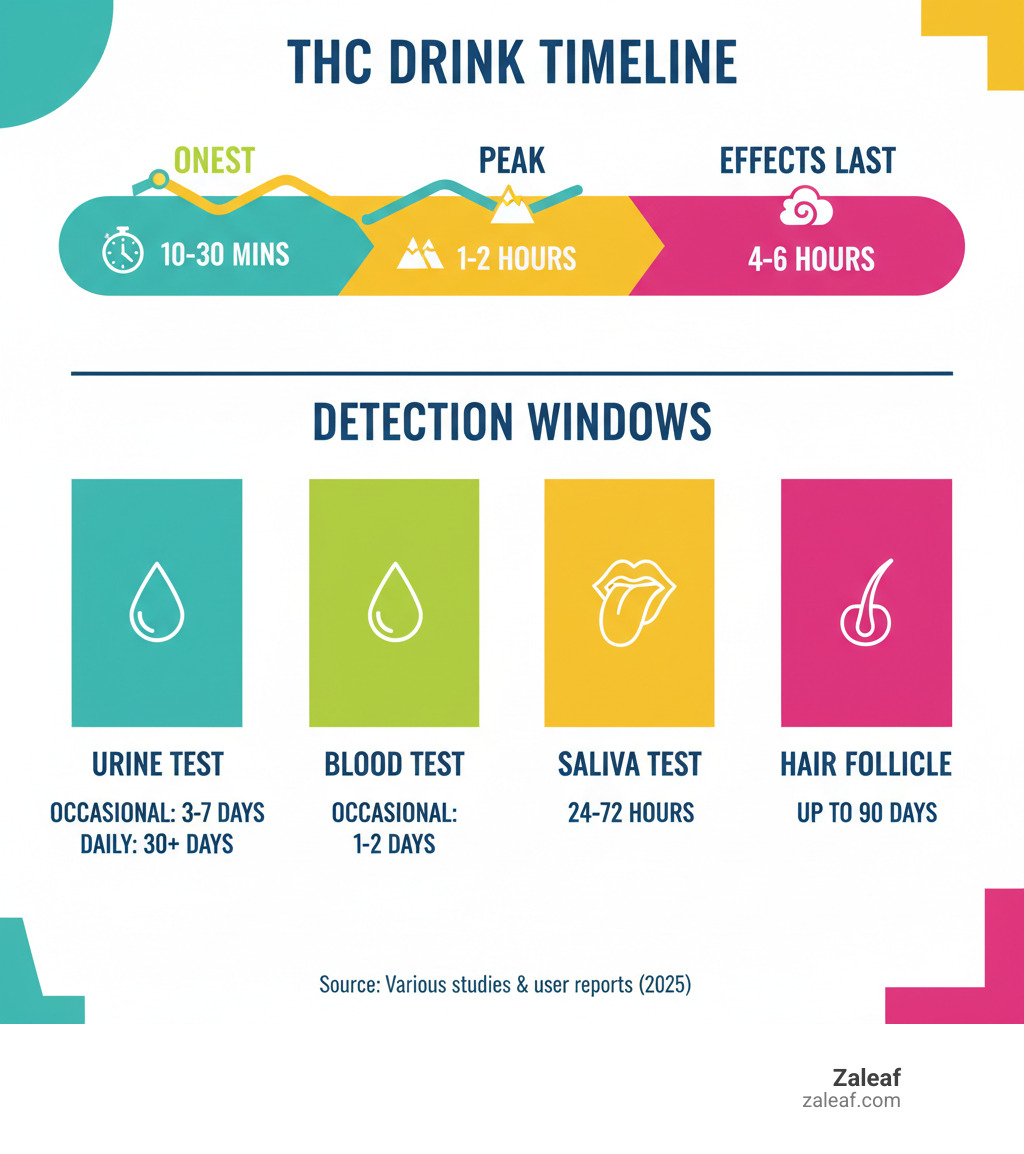 Infographic showing THC drink timeline: Effects last 4-6 hours with onset in 10-30 minutes and peak at 1-2 hours, while detection windows range from 3-7 days for occasional users to 30+ days for daily users in urine tests, 1-2 days in blood for occasional use, 24-72 hours in saliva, and up to 90 days in hair follicle tests - how long does a THC drink stay in your system infographic 