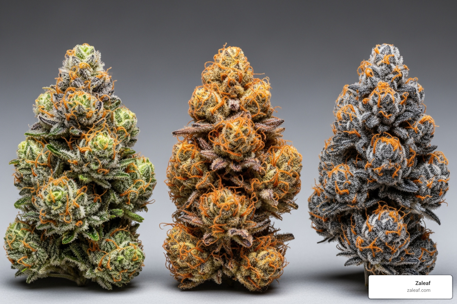 Three different cannabis buds with varying colors and trichome coverage - best marijuana for anxiety