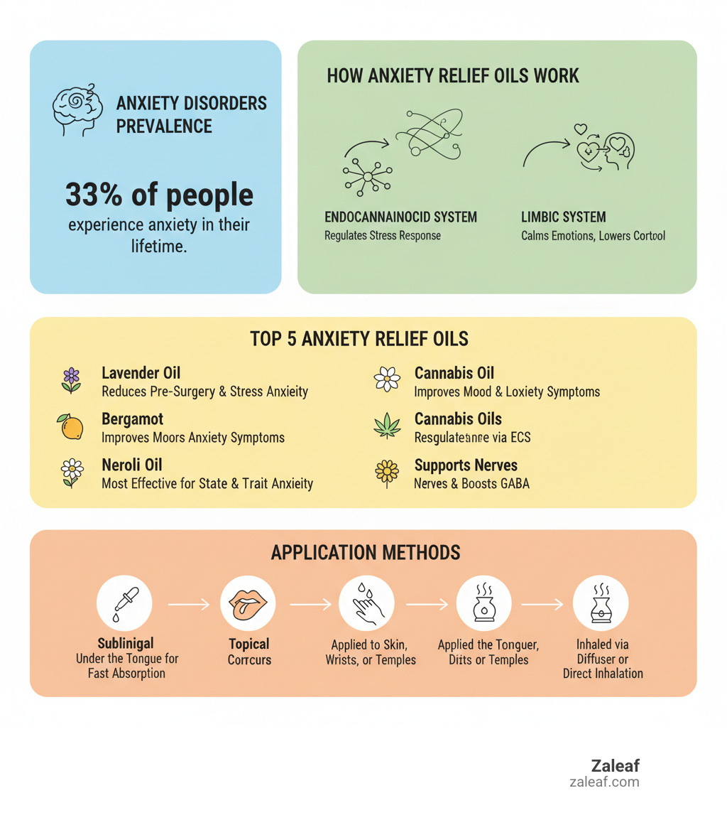 infographic showing the statistics on anxiety disorders prevalence, how anxiety relief oils work through the endocannabinoid system and limbic system, the top 5 most effective oils for anxiety with their specific benefits, and application methods including sublingual, topical, and aromatherapy - Anxiety relief oil infographic 