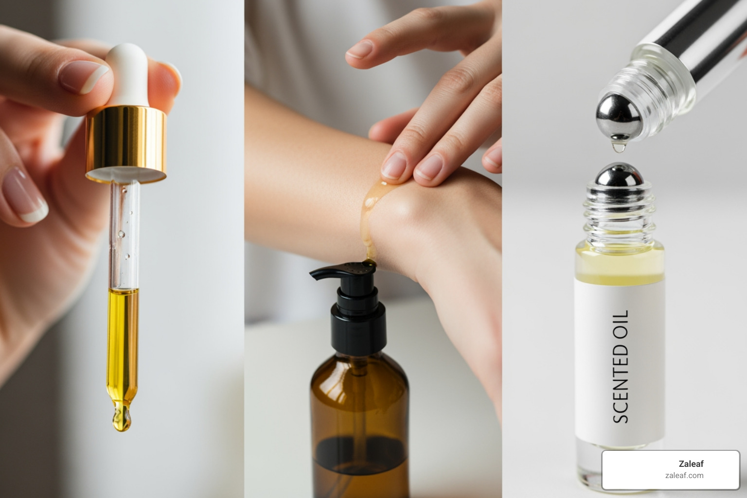 different application methods: a dropper, a person applying oil to their wrist, and a Zaleaf rollerball bottle - Anxiety relief oil