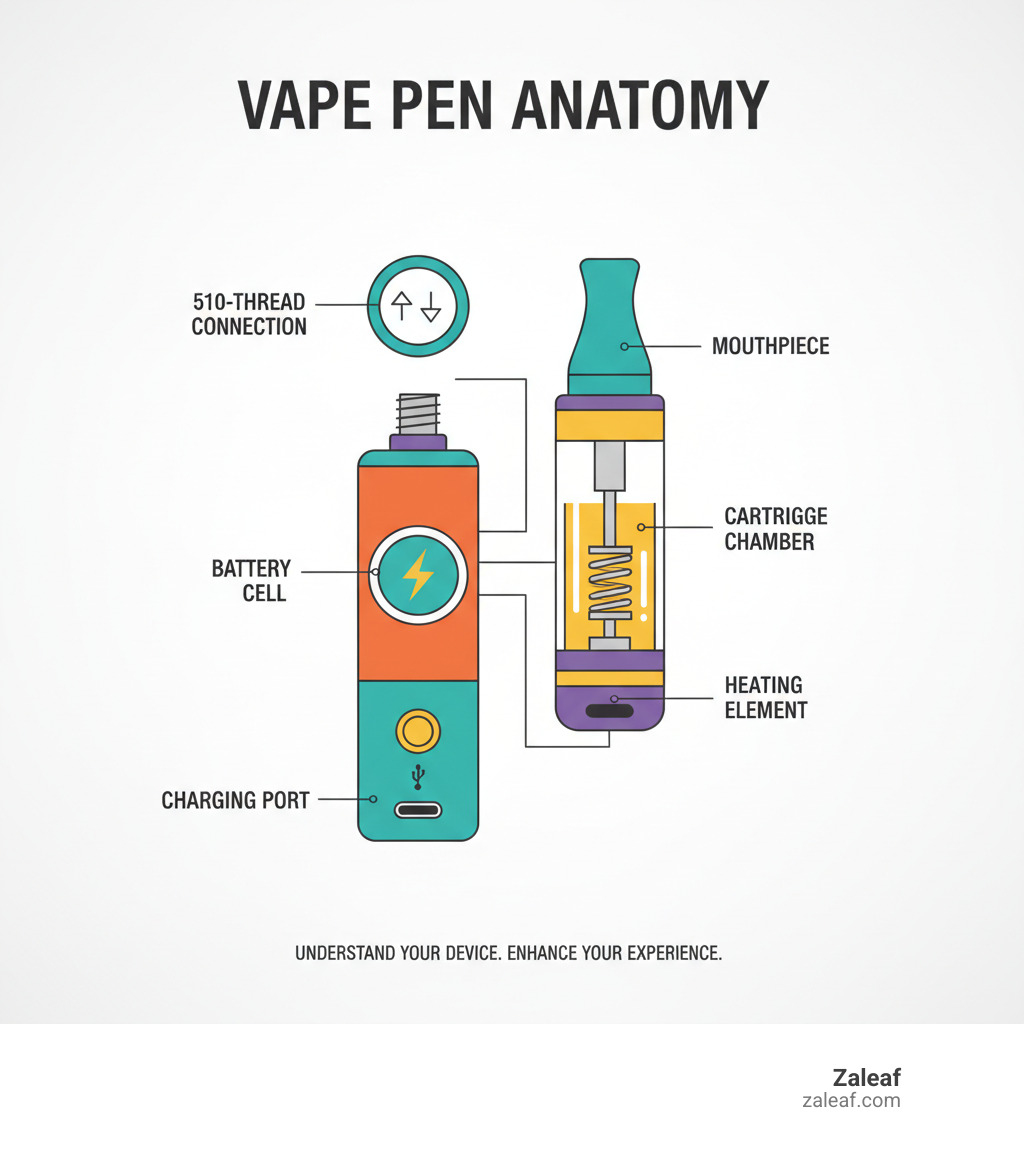Infographic detailing the key components of a Zaleaf vape pen battery and cartridge, including the battery cell, 510-thread connection, power button, charging port, cartridge chamber, heating element, and mouthpiece. - cannabis vape battery guide infographic 
