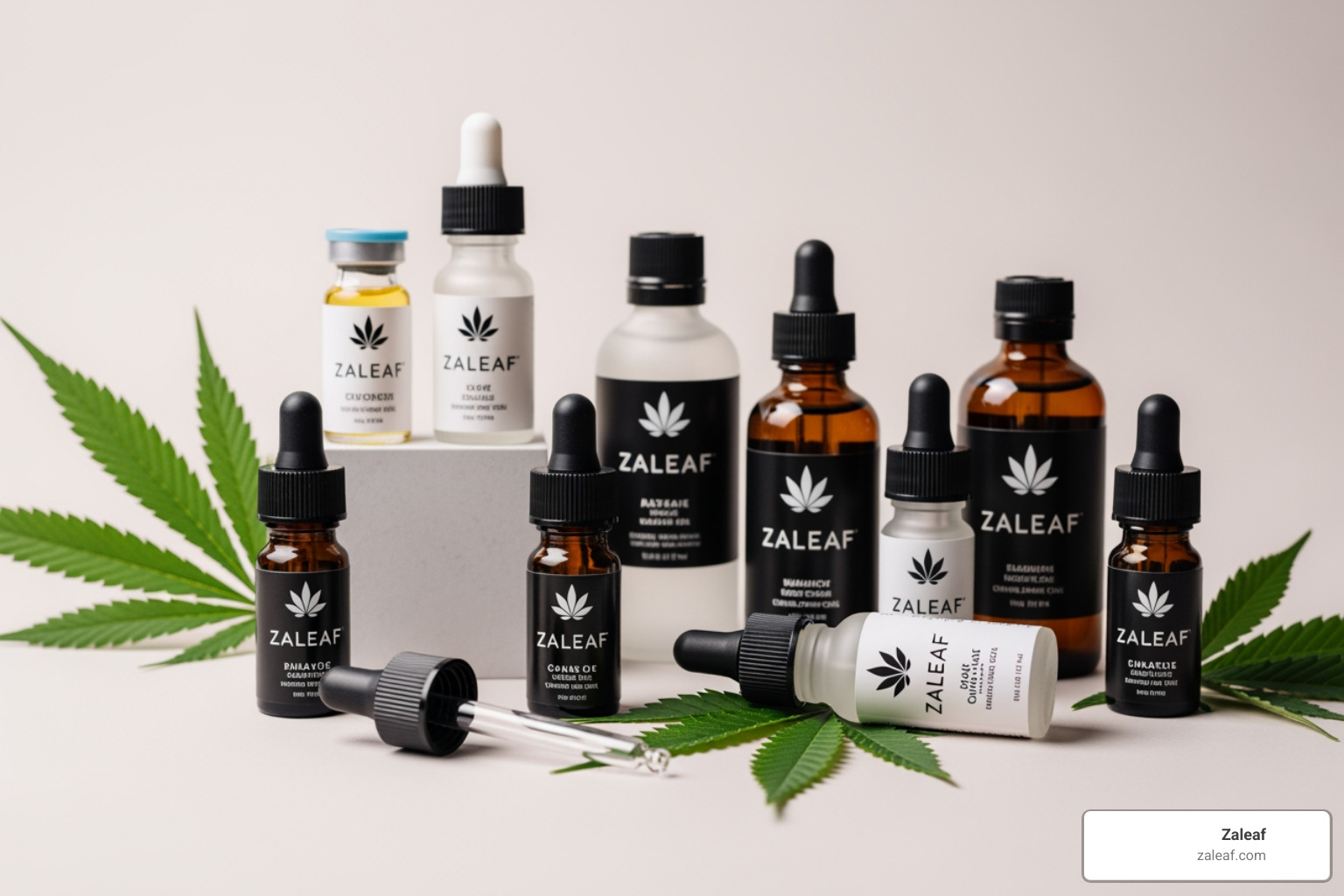 various Zaleaf cannabis oil bottles arranged aesthetically - Anxiety relief oil