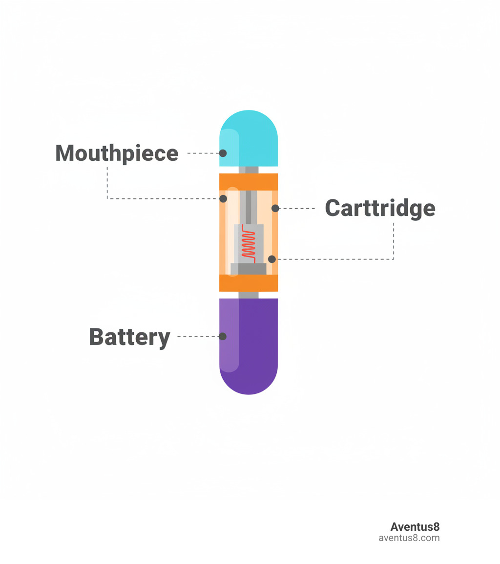 Infographic showing vape pen components: battery, cartridge, atomizer, mouthpiece - vape pens for weed infographic 