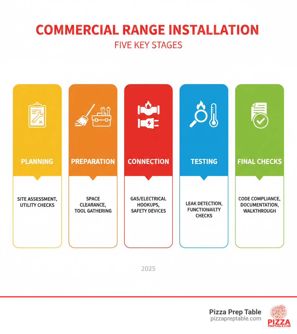 Infographic illustrating the five key stages of commercial range installation: Planning (site assessment, utility checks), Preparation (space clearance, tool gathering), Connection (gas/electrical hookups, safety devices), Testing (leak detection, functionality checks), and Final Checks (code compliance, documentation, post-installation walk-through). - Commercial range installation infographic Infographic illustrating the five key stages of commercial range installation: Planning (site assessment, utility checks), Preparation (space clearance, tool gathering), Connection (gas/electrical hookups, safety devices), Testing (leak detection, functionality checks), and Final Checks (code compliance, documentation, post-installation walk-through). - Commercial range installation infographic