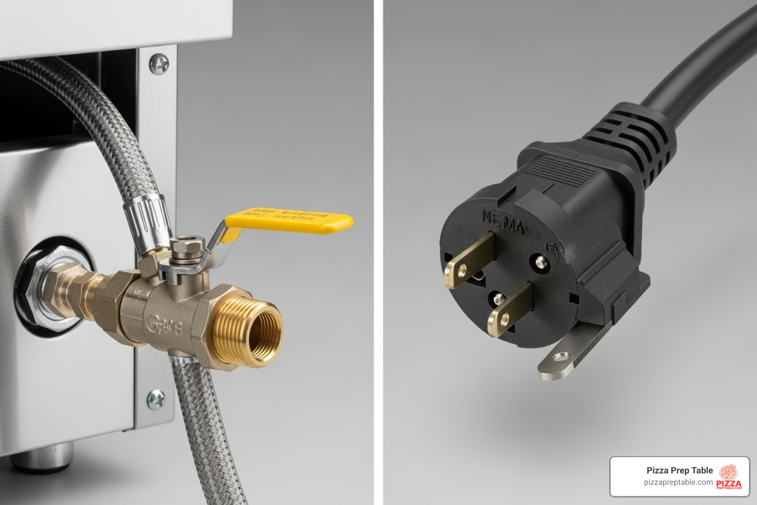 Side-by-side comparison of a gas line hookup and a heavy-duty electrical plug for a range - Commercial range installation Side-by-side comparison of a gas line hookup and a heavy-duty electrical plug for a range - Commercial range installation