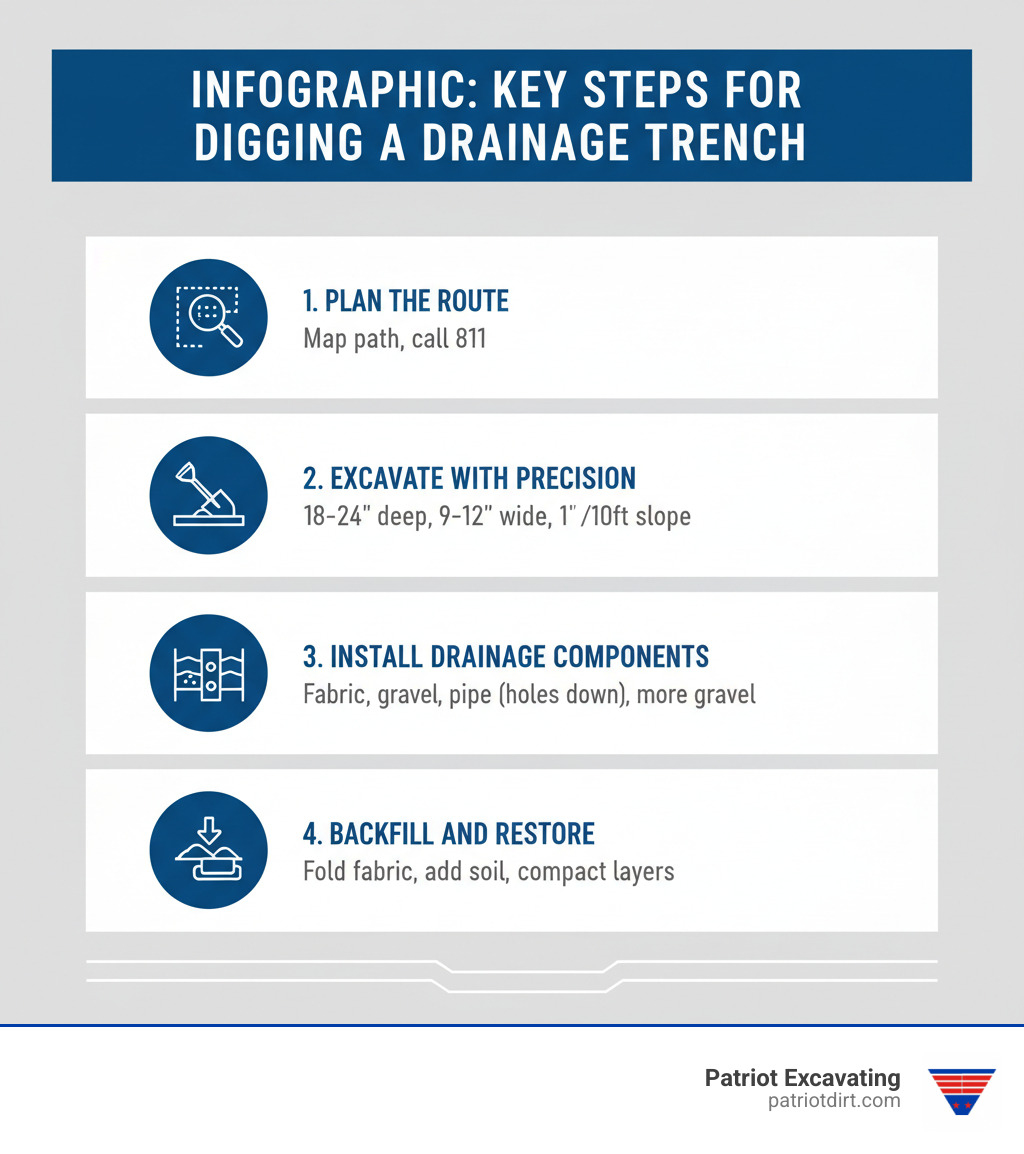 Infographic: Key Steps for Digging a Drainage Trench - dig a trench for drainage infographic Infographic: Key Steps for Digging a Drainage Trench - dig a trench for drainage infographic
