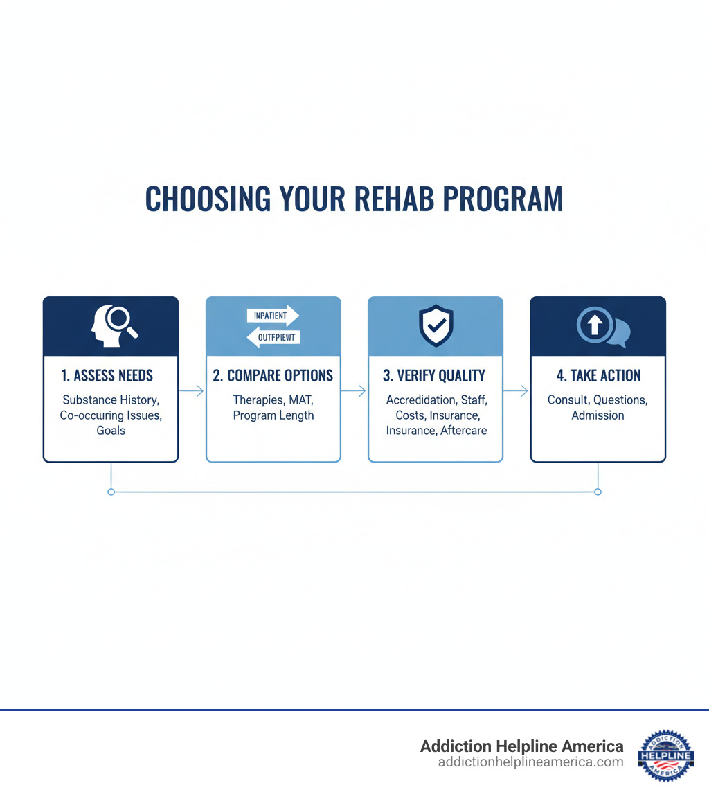 Infographic showing the 4 key steps to choosing a rehab program: 1. Assess Your Personal Needs and Goals (including substance use history, co-occurring disorders, and recovery objectives), 2. Compare Treatment Options (inpatient vs outpatient, therapy types, MAT availability, program length), 3. Verify Quality and Logistics (accreditation, staff credentials, costs, insurance coverage, aftercare plans), 4. Take Action (consult with providers, ask prepared questions, begin the admission process) - How do I choose the right rehab program? infographic Infographic showing the 4 key steps to choosing a rehab program: 1. Assess Your Personal Needs and Goals (including substance use history, co-occurring disorders, and recovery objectives), 2. Compare Treatment Options (inpatient vs outpatient, therapy types, MAT availability, program length), 3. Verify Quality and Logistics (accreditation, staff credentials, costs, insurance coverage, aftercare plans), 4. Take Action (consult with providers, ask prepared questions, begin the admission process) - How do I choose the right rehab program? infographic