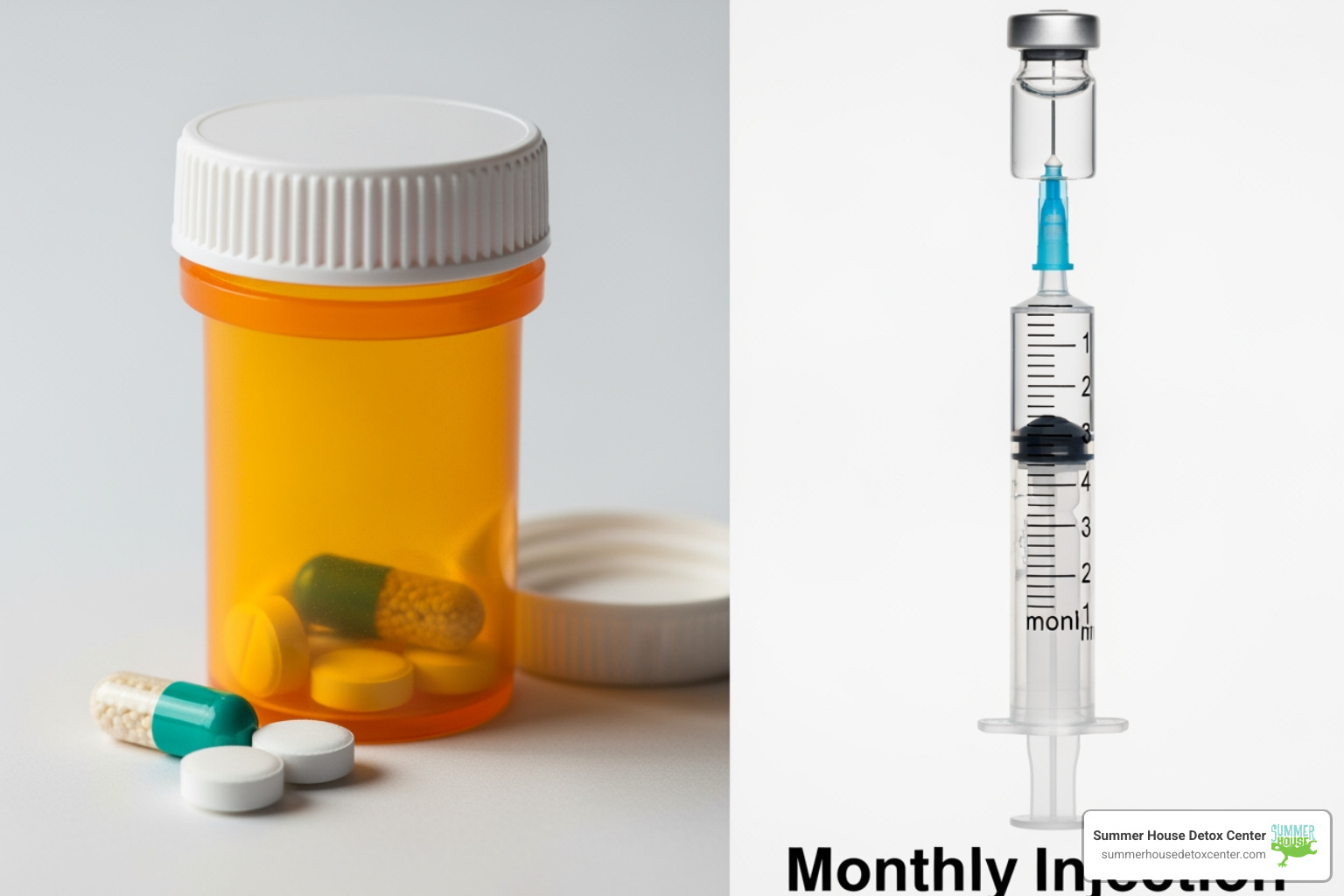 illustration of the difference between a daily pill bottle and a monthly injection - alcoholism medication
