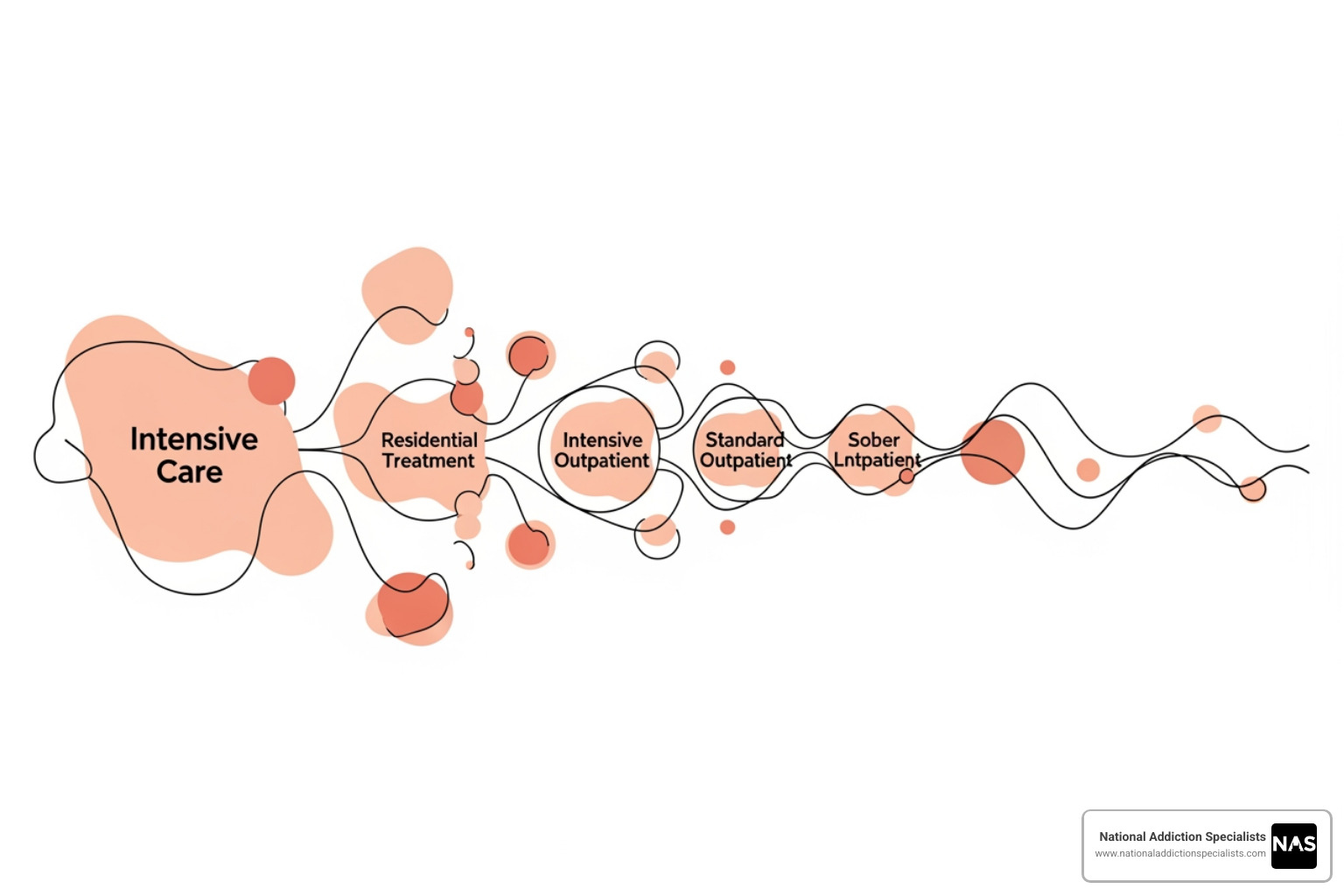 diagram showing different levels of addiction care from detox to outpatient - Addiction treatment services