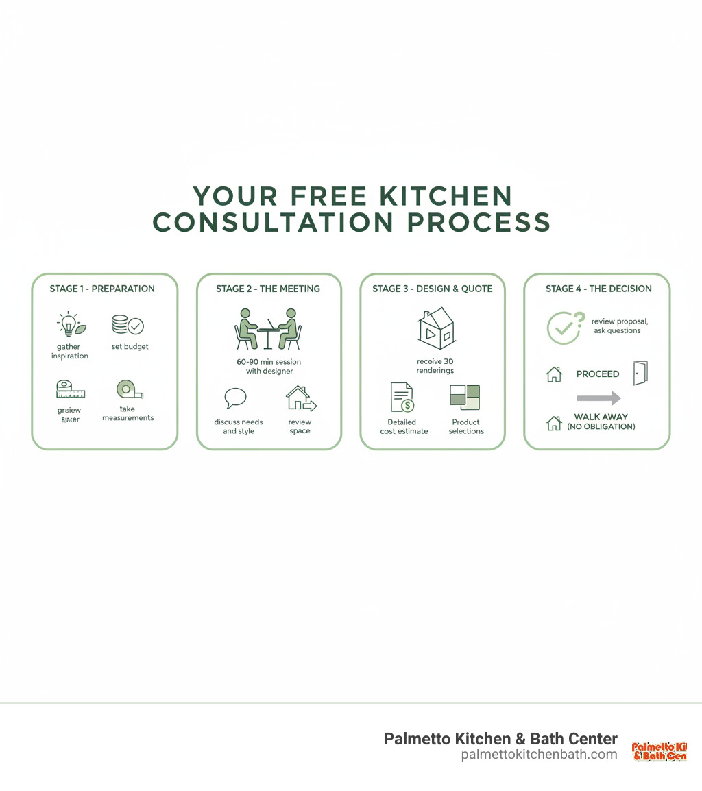 Infographic showing the 4 key stages of a free kitchen consultation process: Stage 1 - Preparation (gather inspiration, set budget, take measurements), Stage 2 - The Meeting (60-90 minute session with designer, discuss needs and style, review space), Stage 3 - Design & Quote (receive 3D renderings, detailed cost estimate, product selections), Stage 4 - The Decision (review proposal, ask questions, decide to proceed or walk away with no obligation) - free kitchen consultation infographic 