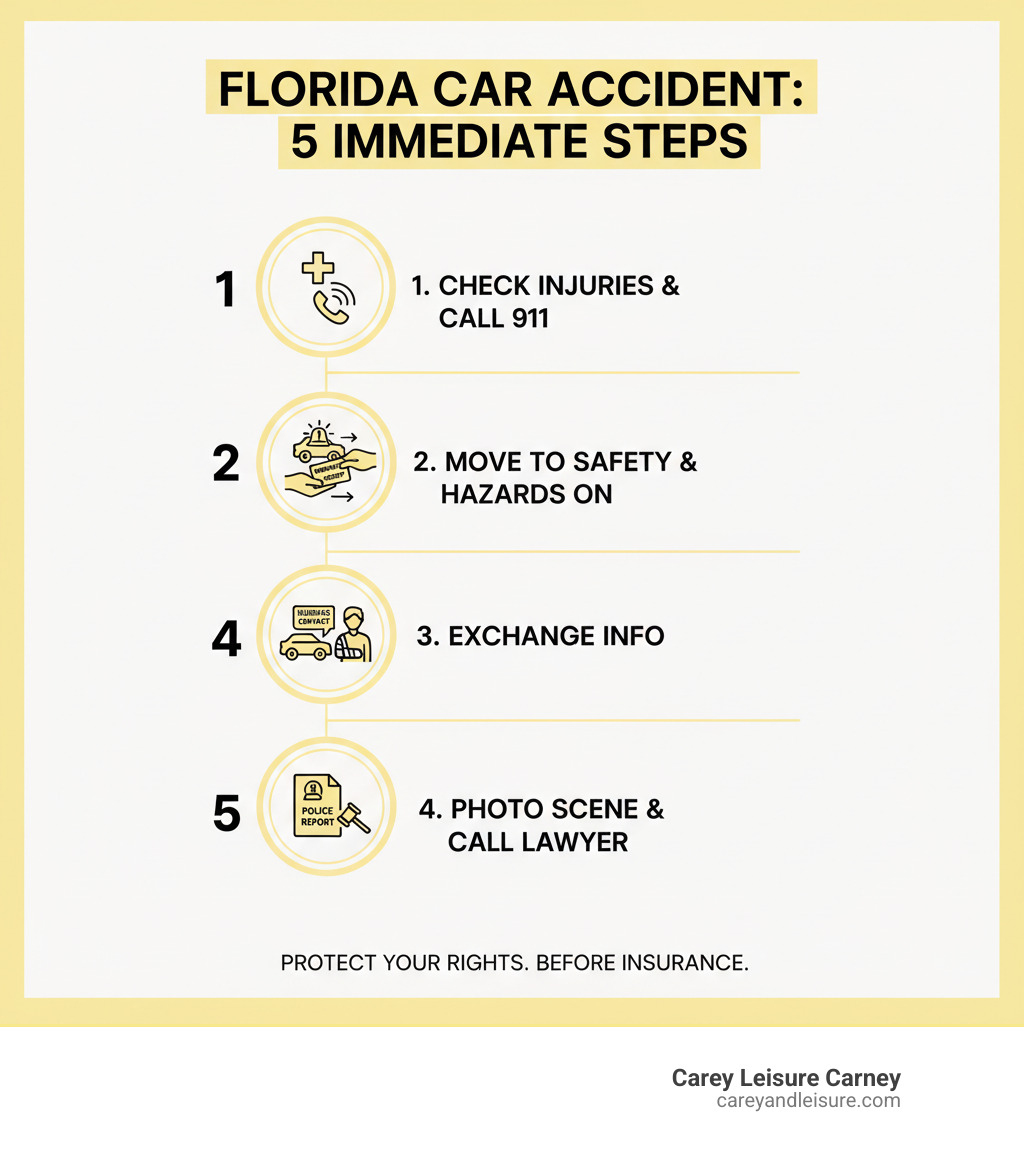 Infographic showing the 5 critical steps to take immediately after a Florida car accident: 1) Check for injuries and call 911 if needed, 2) Move to safety and turn on hazard lights, 3) Exchange insurance and contact information with other drivers, 4) Take photos of the scene, vehicles, and any visible injuries, 5) Get a copy of the police report and contact a Florida accident lawyer before speaking to insurance adjusters - accident lawyer Florida infographic 