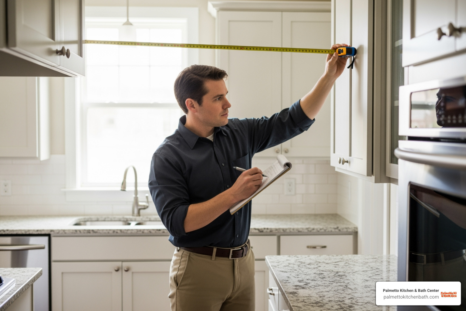 person measuring their kitchen with a tape measure and writing on a notepad - free kitchen consultation