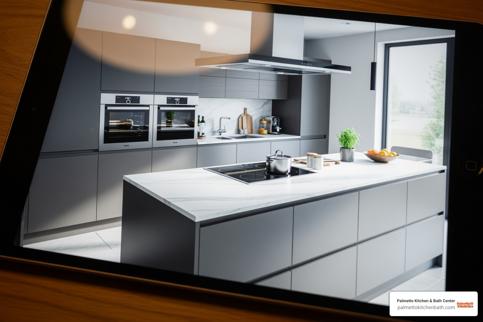 detailed 3D kitchen rendering on a tablet screen - free kitchen consultation