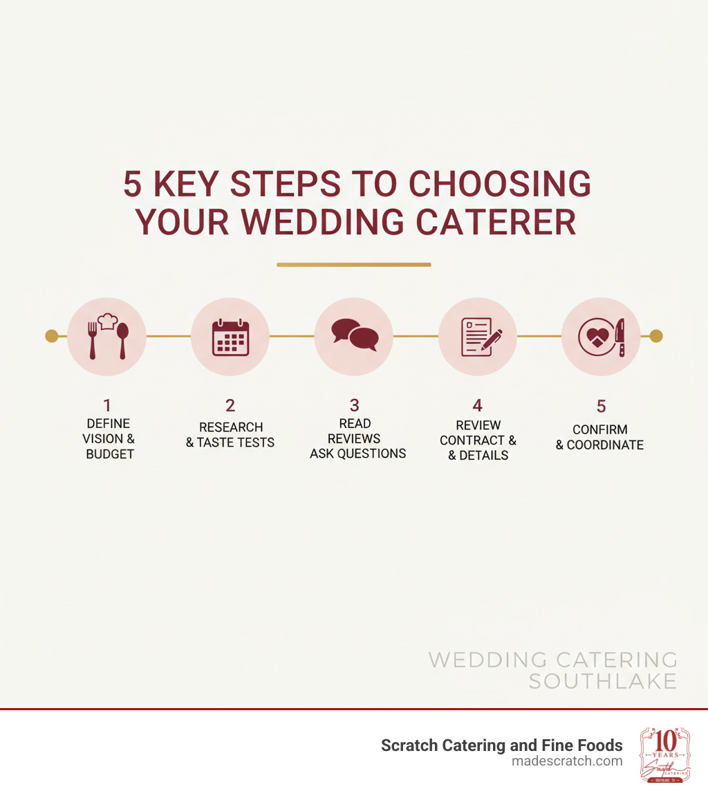 Infographic detailing the 5 key steps to choosing the perfect wedding caterer - Wedding catering southlake infographic 