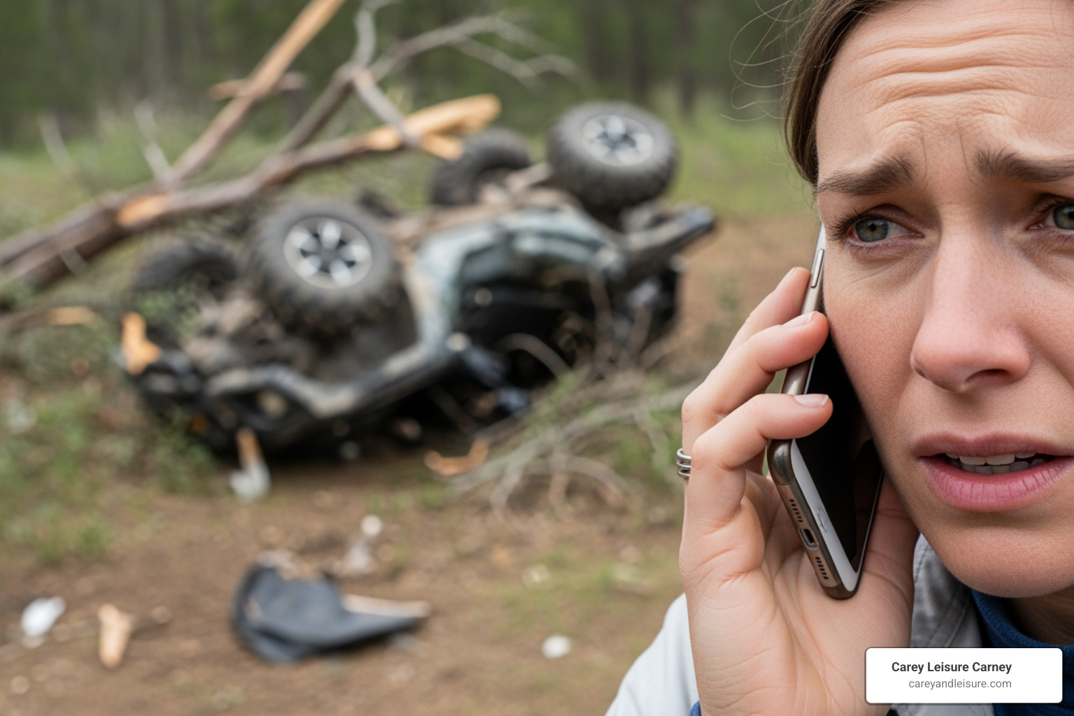Concerned person on phone with accident scene in background - atv accident lawyer