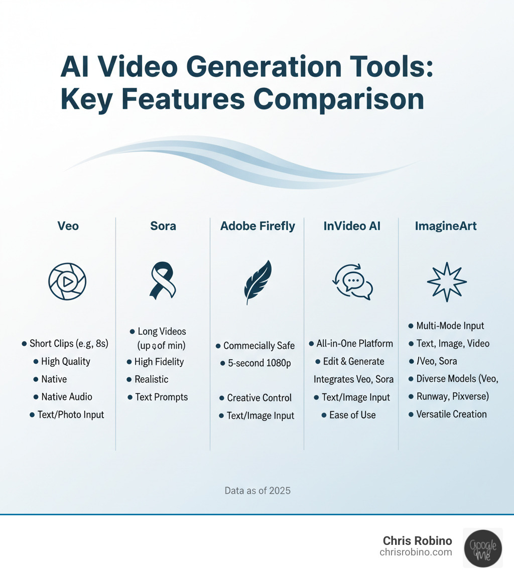 Infographic showing a comparison of leading AI video generation tools and their key features - AI video generation infographic 