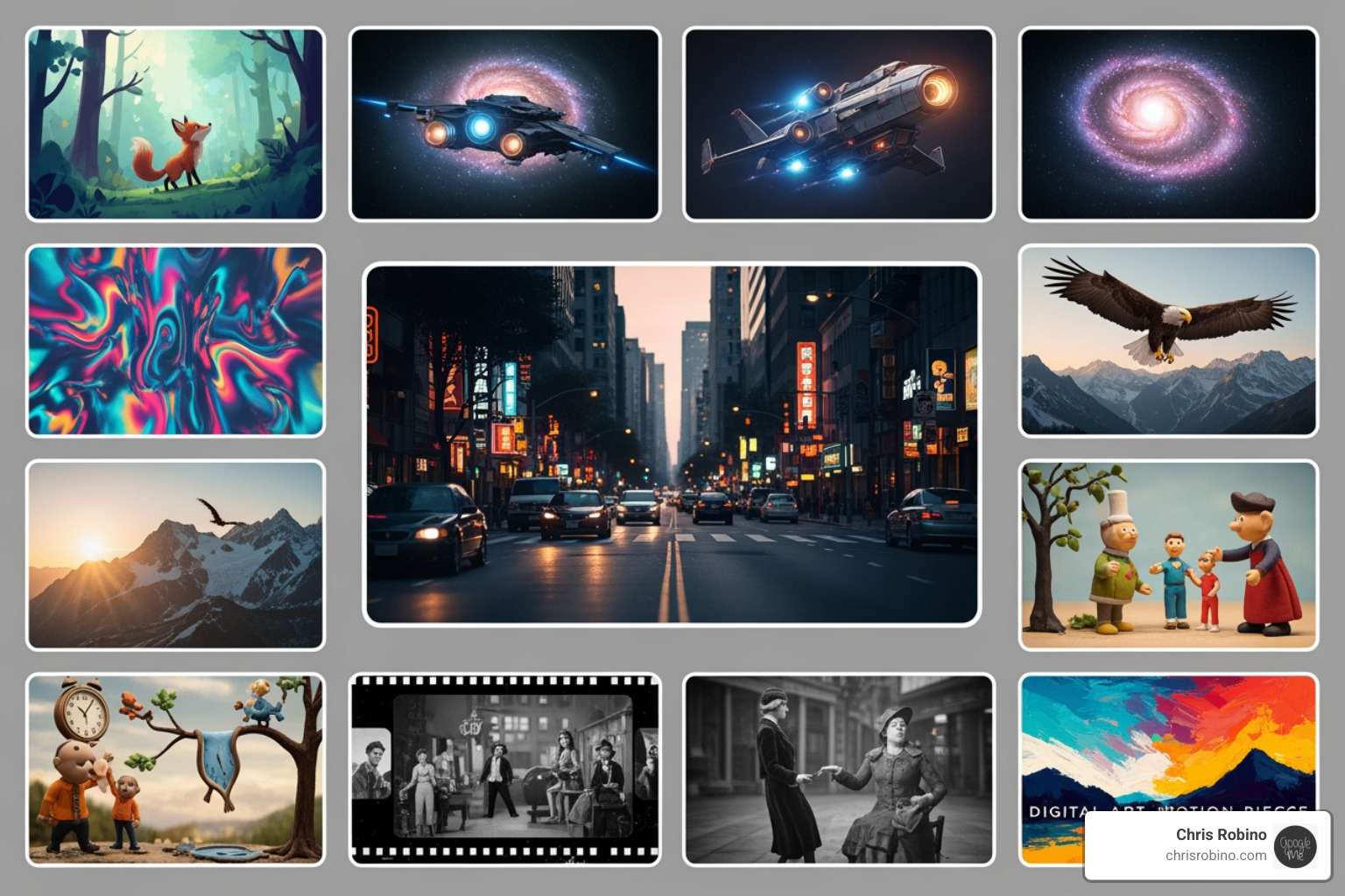 collage of different AI-generated video styles like cinematic, animation, and photorealistic - AI video generation