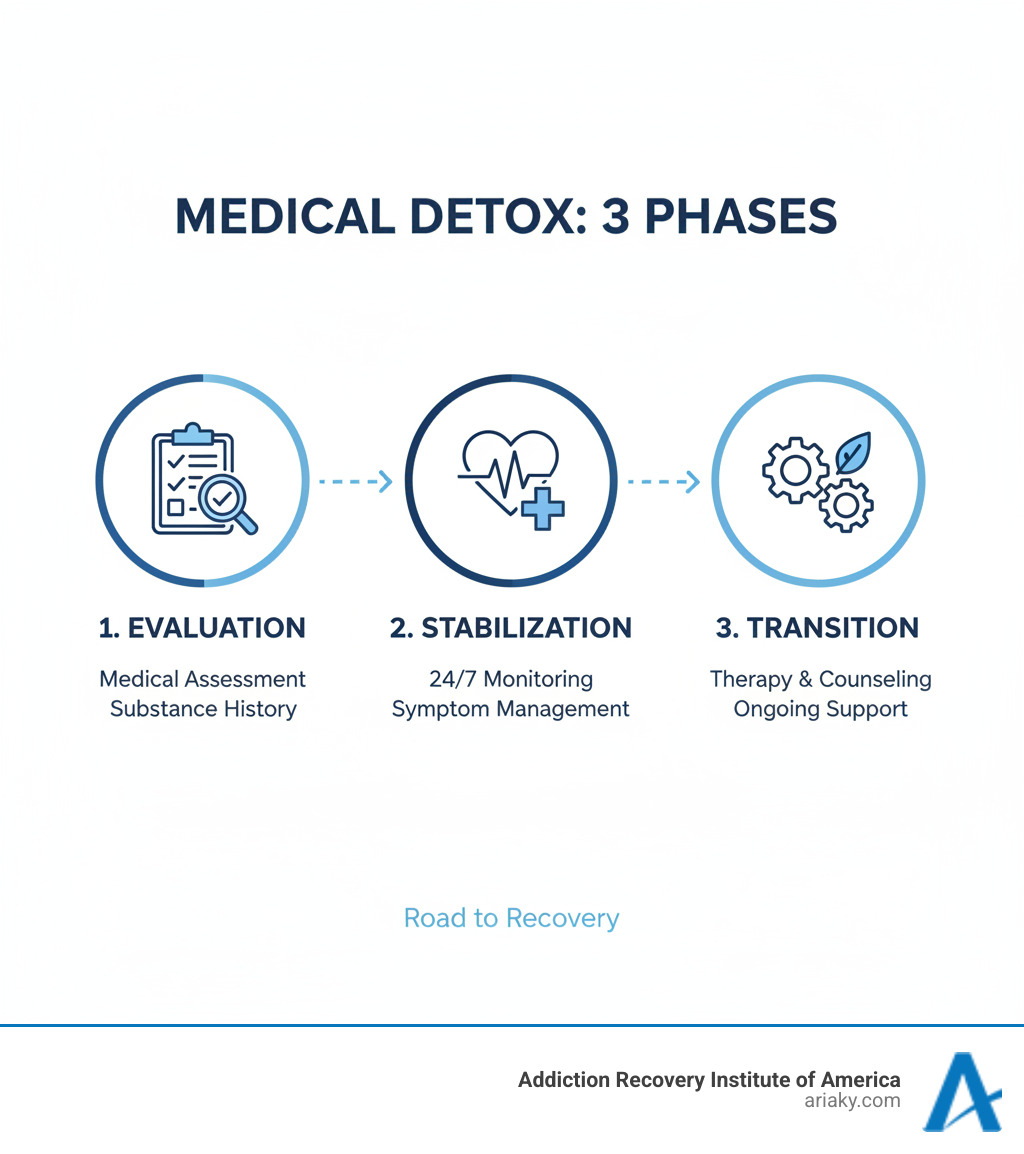 infographic showing the three phases of medically supervised prescription drug detox: evaluation phase with medical assessment and substance history, stabilization phase with 24/7 monitoring and symptom management, and transition phase connecting to therapy and ongoing support services - how to detox your body from prescription drugs infographic 