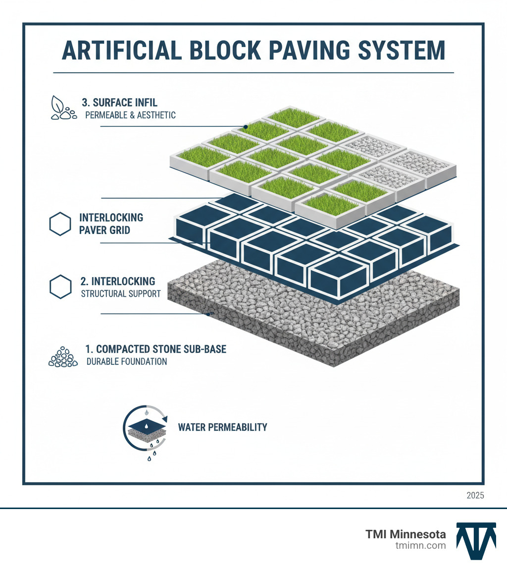 Infographic showing three horizontal layers of an artificial block paving system from bottom to top: 1) Compacted stone sub-base layer (shown in gray aggregate), 2) Interlocking concrete paver grid with open cells (shown as a structured grid pattern), 3) Top layer showing grass or gravel infill within the cells creating the finished surface - artificial block paving infographic 