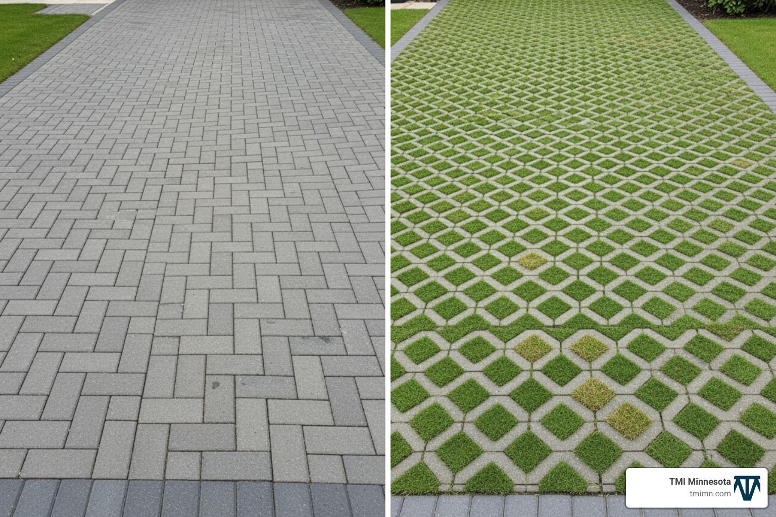 Side-by-side comparison showing a traditional solid block paving driveway next to an artificial grass block paving driveway - artificial block paving