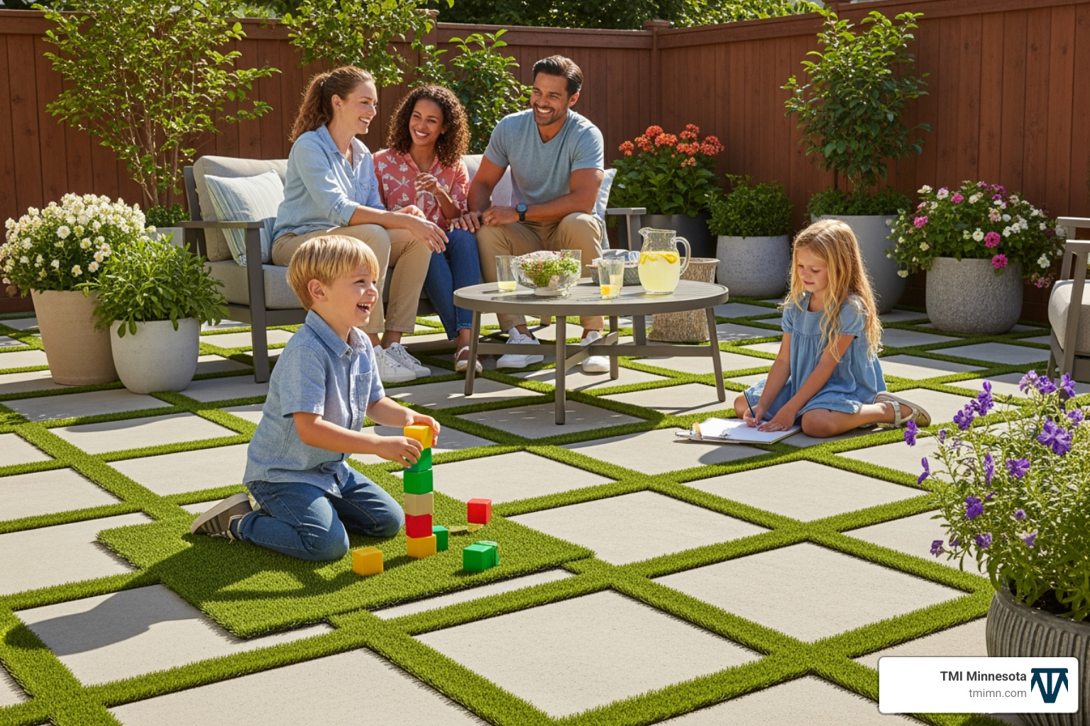 Family enjoying a patio made with artificial grass blocks - artificial block paving