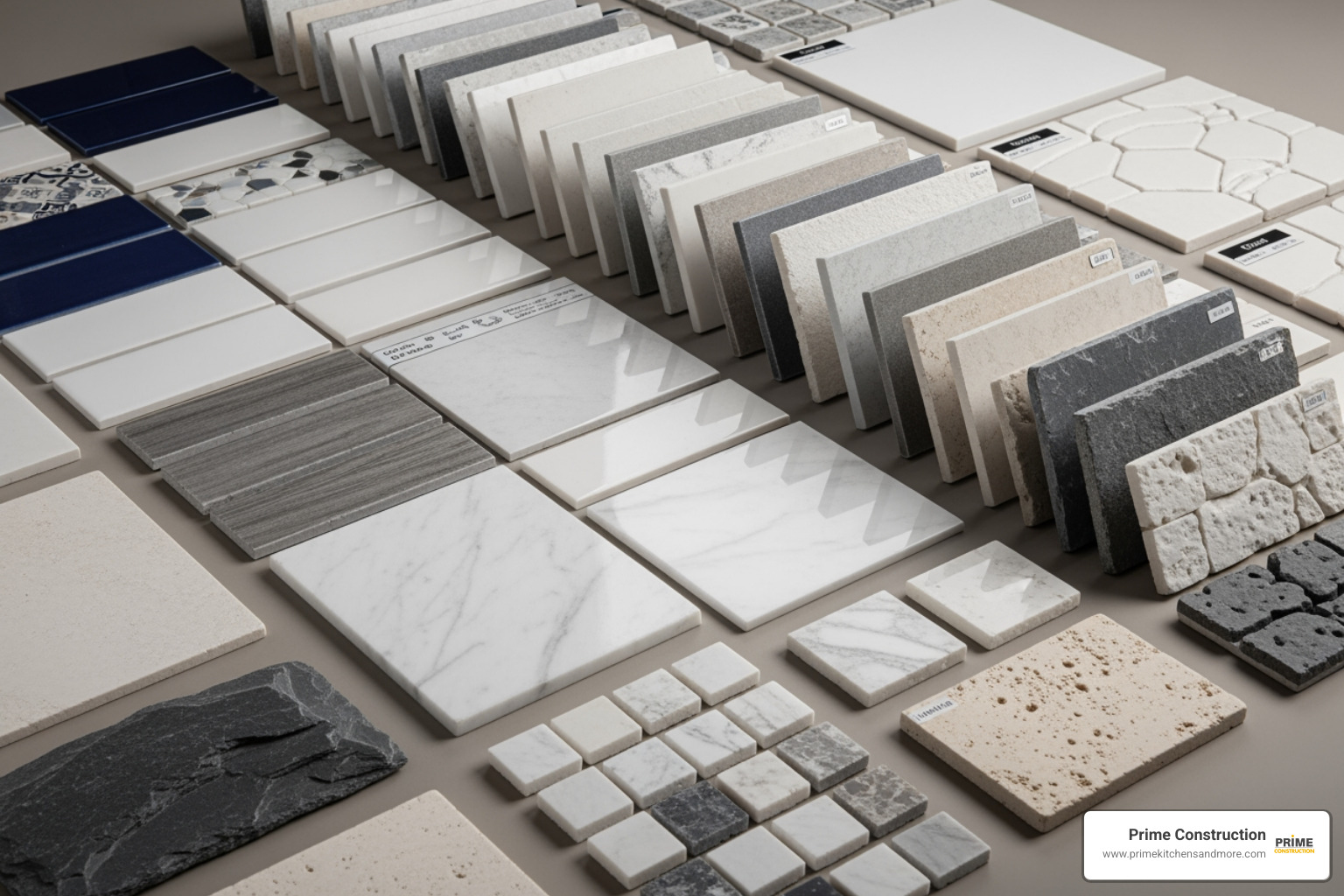 Various shower tile samples like ceramic, porcelain, and natural stone - cost of retiling shower