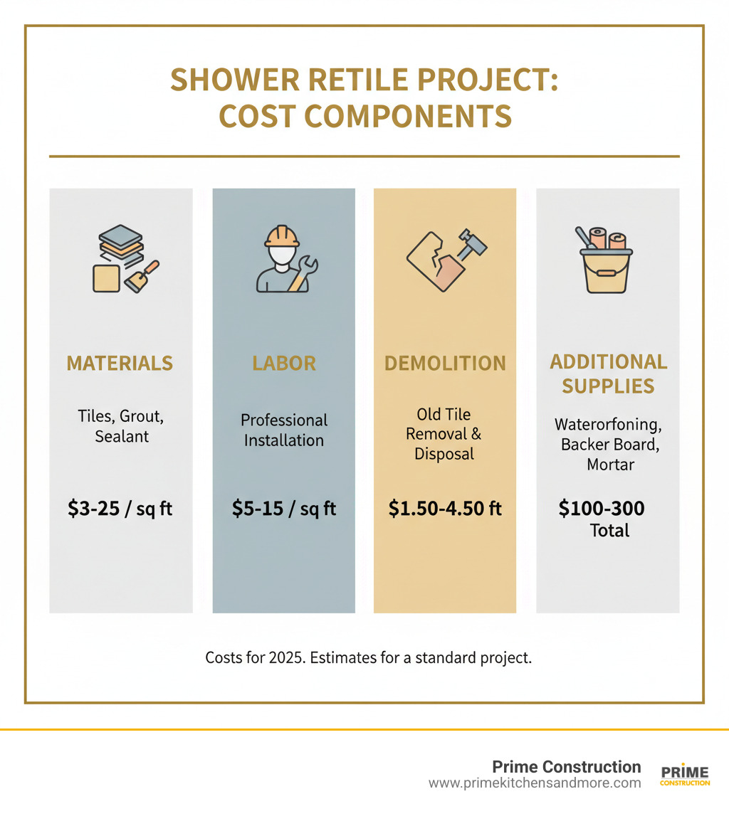 Infographic showing the four main cost components of a shower retile project: Materials (tiles, grout, sealant) ranging $3-25 per square foot, Labor (professional installation) ranging $5-15 per square foot, Demolition (old tile removal and disposal) ranging $1.50-4.50 per square foot, and Additional Supplies (waterproofing membrane, backer board, mortar) adding $100-300 to total project cost - cost of retiling shower infographic 