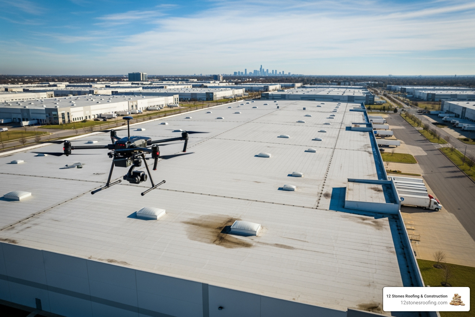drone inspecting a large commercial warehouse roof in Houston - drone roof inspection houston drone inspecting a large commercial warehouse roof in Houston - drone roof inspection houston
