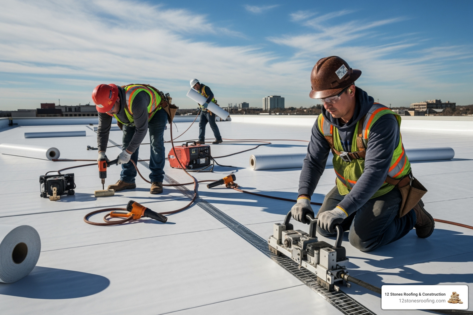 Roofing crew heat-welding TPO seams on a flat roof - White TPO roofing