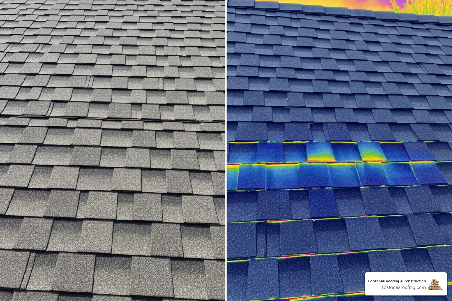 split-screen showing a normal photo of a shingle next to a thermal image revealing trapped moisture - drone roof inspection houston split-screen showing a normal photo of a shingle next to a thermal image revealing trapped moisture - drone roof inspection houston