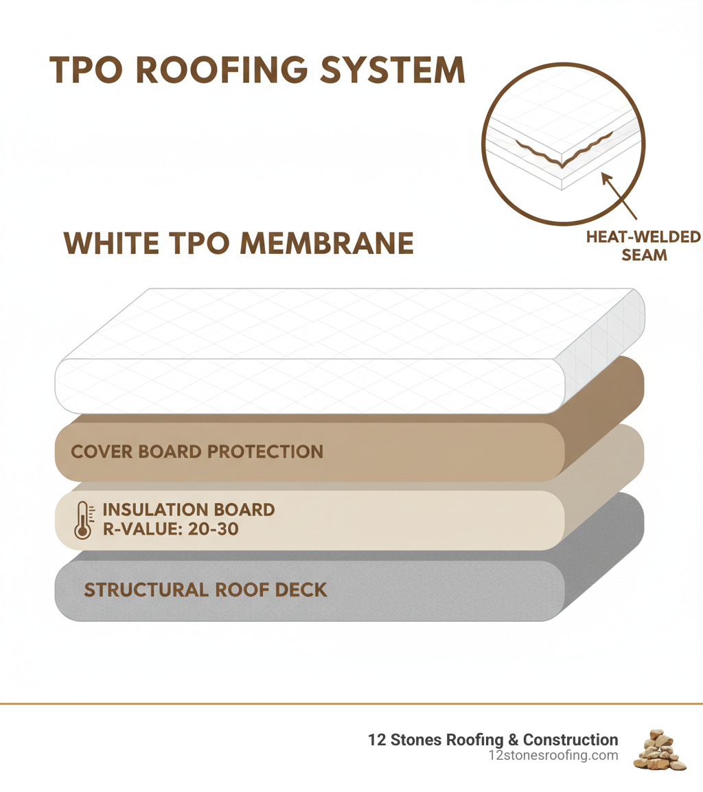 Detailed infographic showing cross-section layers of a white TPO roofing system from bottom to top: structural roof deck, insulation board layer with R-value indicator, cover board protection layer, white TPO membrane with reinforcing scrim visible, and heat-welded seam detail showing overlapping membrane edges - White TPO roofing infographic 