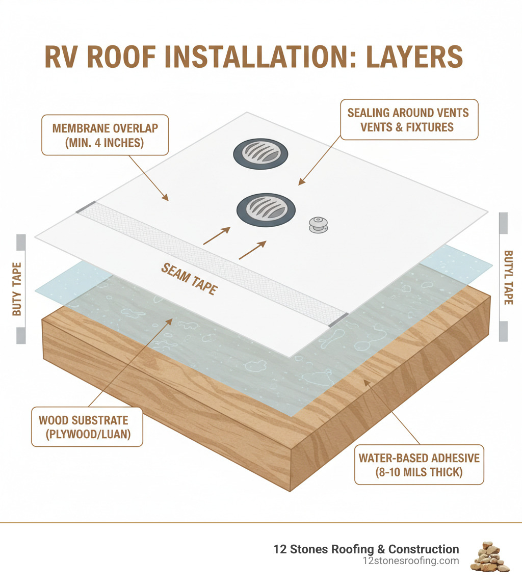 Infographic showing the layers of an RV roof installation: bottom layer shows wood substrate (plywood or luan), middle layer shows water-based adhesive application at 8-10 mils thickness, and top layer shows white TPO membrane with seam tape at joints and butyl tape at edges, with callouts for proper membrane overlap (minimum 4 inches) and sealing requirements around vents and fixtures - installing tpo roofing on rv infographic 