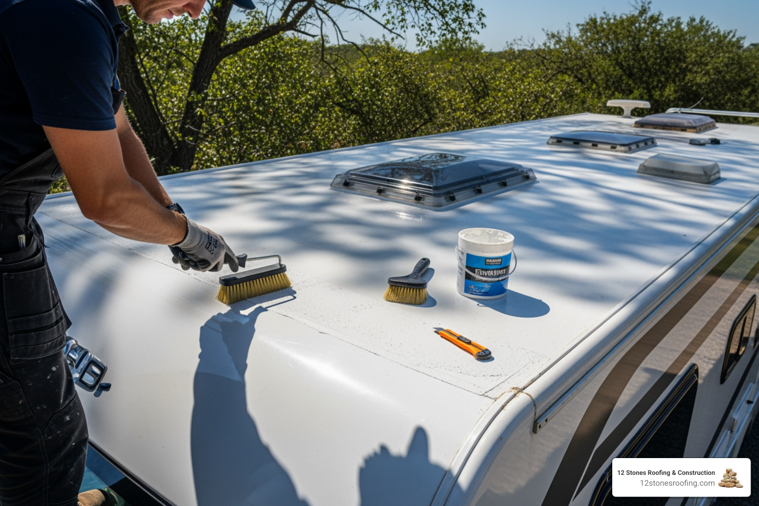 Applying adhesive to an RV roof deck - installing tpo roofing on rv