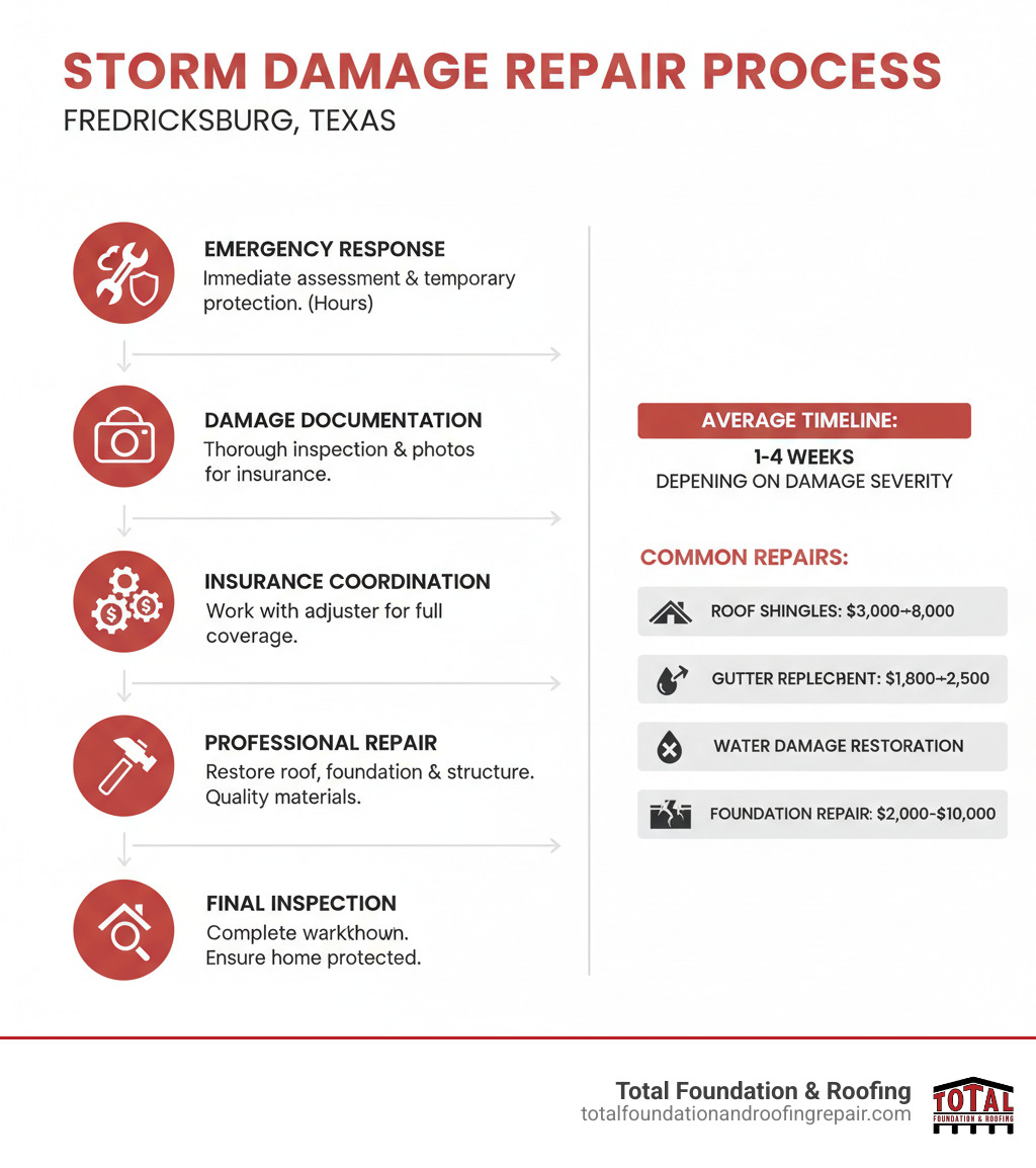 Infographic showing the storm damage repair process in Fredericksburg: 1. Emergency Response - Immediate safety assessment and temporary protection within hours; 2. Damage Documentation - Thorough inspection with photos for insurance claims; 3. Insurance Coordination - We work directly with your adjuster to ensure full coverage; 4. Professional Repair - Licensed contractors restore your roof, foundation, and structure using quality materials; 5. Final Inspection - Complete walkthrough to ensure your home is protected; Average Timeline: 1-4 weeks depending on damage severity; Common Repairs: Roof shingles $3,000-$8,000, Gutter replacement $800-$2,500, Water damage restoration $1,500-$5,000, Foundation repair $2,000-$10,000 - storm damage repair Fredericksburg infographic 