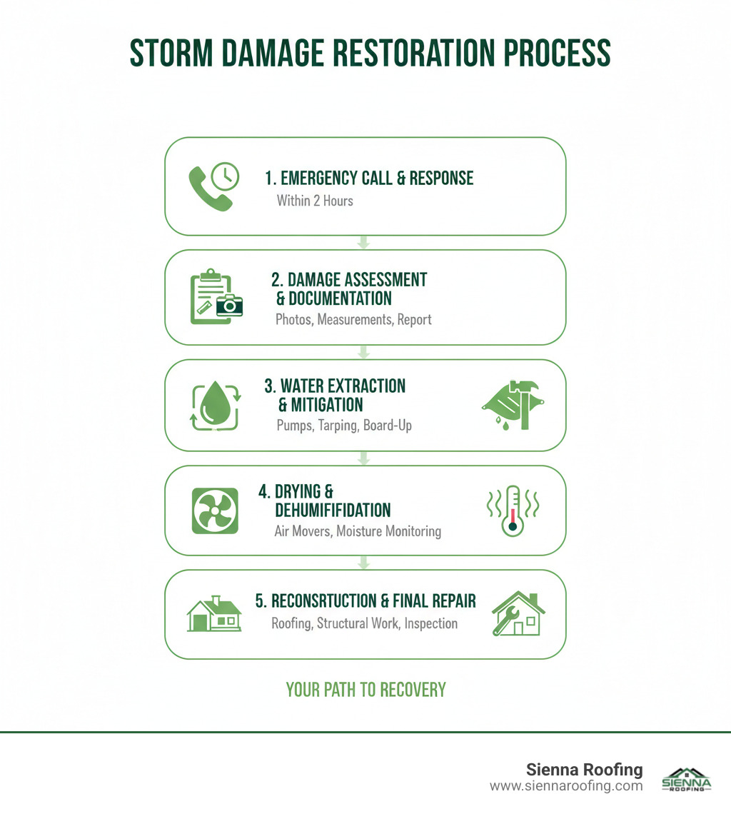 infographic showing the 5 key stages of storm damage restoration: 1) Emergency Call & Response (within 2 hours), 2) Damage Assessment & Documentation (photos, measurements, insurance report), 3) Water Extraction & Mitigation (pumps, tarping, board-up), 4) Drying & Dehumidification (air movers, moisture monitoring), 5) Reconstruction & Final Repair (roofing, structural work, inspection) - storm damage restoration service infographic 