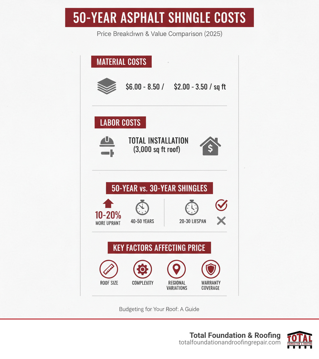 detailed infographic showing 50-year asphalt shingles cost breakdown with material costs, labor costs, total installation ranges, comparison to 30-year shingles, and key factors affecting final price including roof size, complexity, regional variations, and warranty coverage - 50 year asphalt shingles prices infographic 