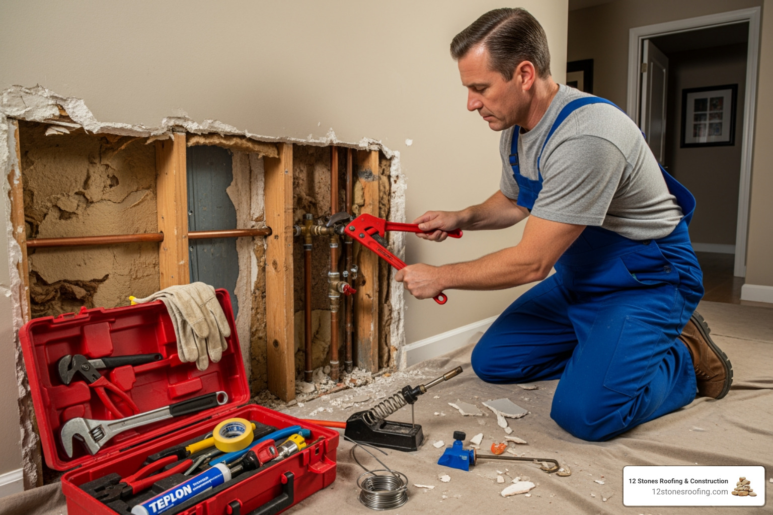 plumber working on an exposed pipe in a wall - cost of fixing burst pipe plumber working on an exposed pipe in a wall - cost of fixing burst pipe