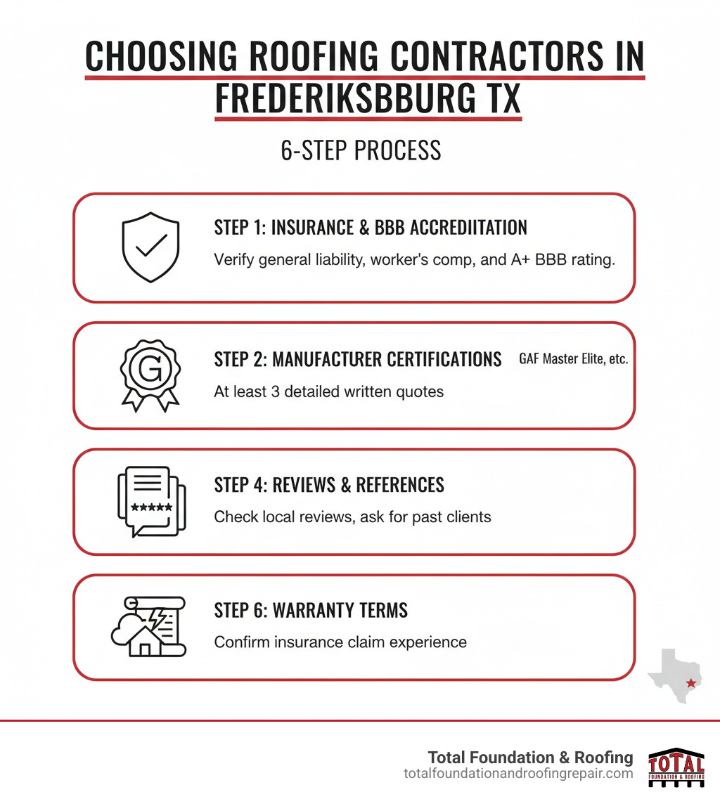 Infographic showing the complete process for choosing roofing contractors in Fredericksburg TX: Step 1 - Check for proper insurance and BBB accreditation; Step 2 - Verify manufacturer certifications like GAF Master Elite; Step 3 - Compare at least 3 detailed written estimates; Step 4 - Read local reviews and ask for references; Step 5 - Confirm storm damage and insurance claim experience; Step 6 - Review warranty terms for materials and labor - roofing contractors Fredericksburg TX infographic 