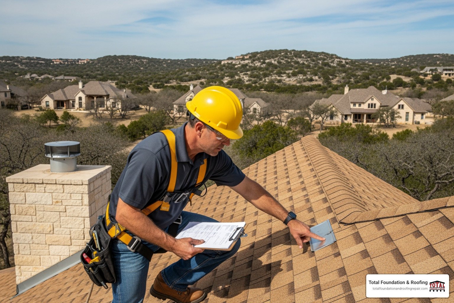 a professional contractor inspecting a roof in Fredericksburg, TX - storm damage repair Fredericksburg