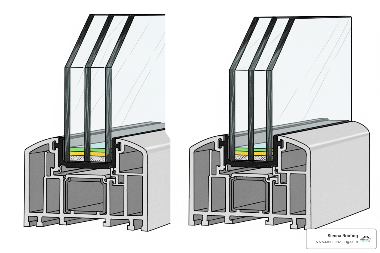 cross-section of a double-pane and triple-pane IGU with labels for glass, air/gas space, and frame - glass unit replacement cross-section of a double-pane and triple-pane IGU with labels for glass, air/gas space, and frame - glass unit replacement